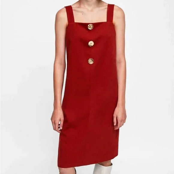 Zara | Dresses | Zara Brick Red Dress With Gold Tone Buttons | Poshmark